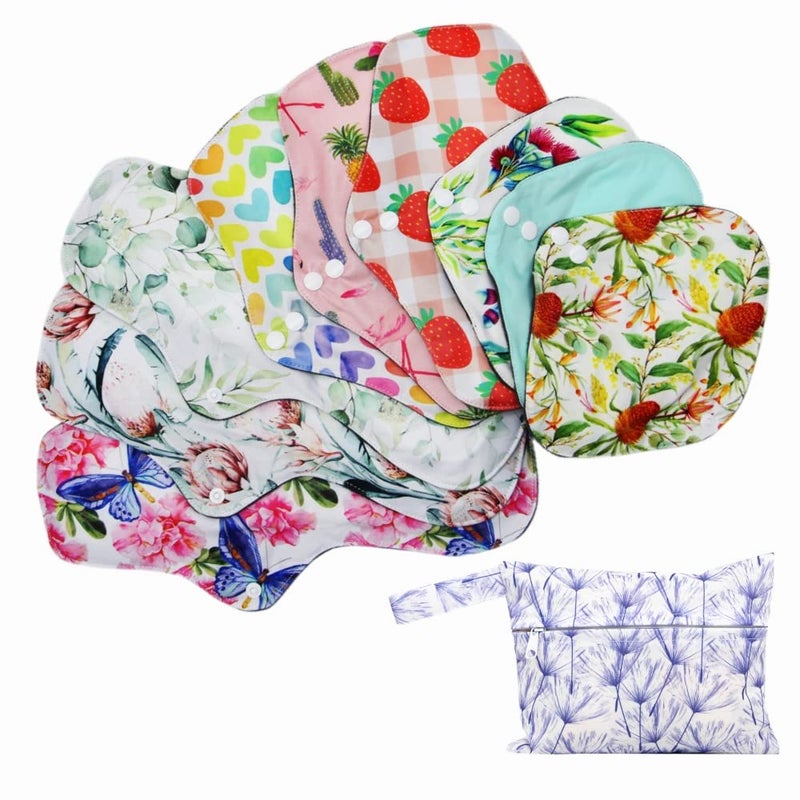 Asenappy Random Prints Adjustable Snaps Reusable Menstrual Pads 9 pcs Three Size Cloth Sanitary Pads with 1 Bag